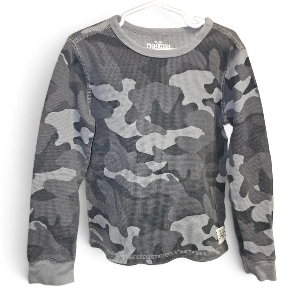 OshKosh B'gosh Thermal Shirt Boys Size 7 Grey Camo Good Long Sleeve Waffle Knit